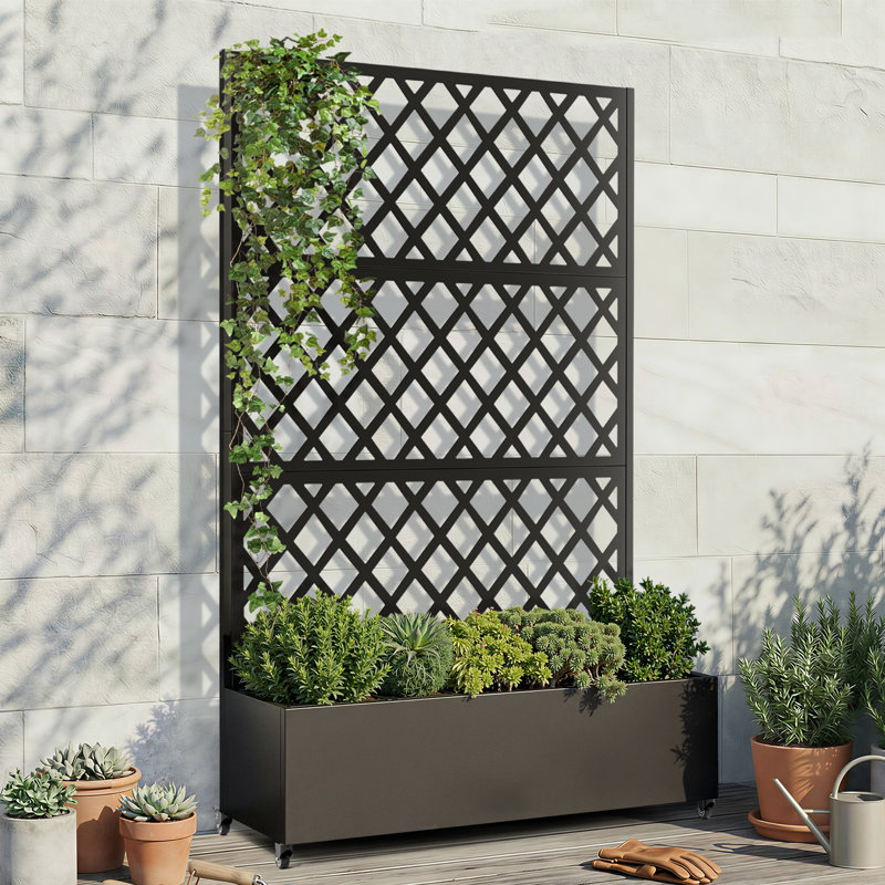 Metal Raised Garden Bed with Trellis, Garden Box for Vegetables and Flowers, Trellis Planter Box for Climbing Plants and Vines, Galvanized Garden Bed on Wheels, 72"x47" Black