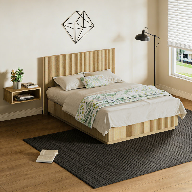 Fluted Bed Frame with Smart LED Lights and Tall Headboard, Platform Bed with Metal Support Slats, Weight Capacity 1000 lbs, No Box Spring Needed, Oak, Queen