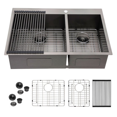 Évier de cuisine à double cuve à montage sur plan - Évier de cuisine à double cuve en acier à canon noir de calibre 16 avec deux cuves profondes de 33 po x 22 po