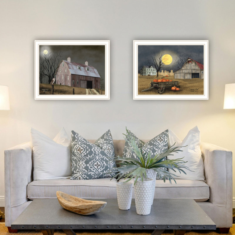 Tendance décorative 4U 2 pièces vignette d'automne au clair de lune, art mural encadré pour le salon, Blanc