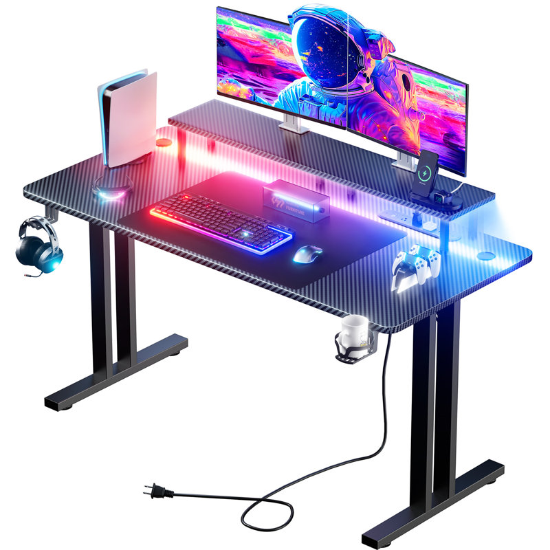 Gaming Desk with LED Lights & Power Outlet, 55" Computer Desk with Monitor Stand, Ergonomic Carbon Fiber Surface Gaming Table, Home Office Desk with Cup Holder, Headphone Hook & Mouse Pad