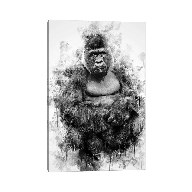 Impression sur toile tendue, "Gorille en noir et blanc" par Marcel, H 12 po x l 8 po x P 0,75 po