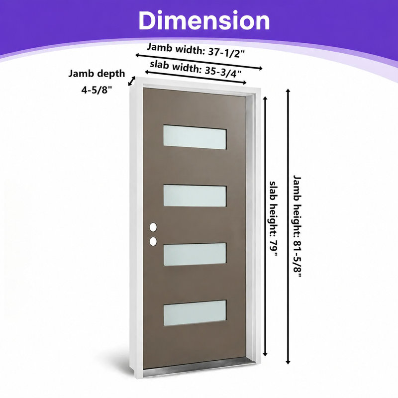 Contemporary 4-lite Fibreglass Entry Door Slab, Frosted Glass,Left Inswing, Right Hand/Inswing