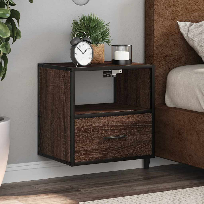 40cm W Metal Bedside Table, Brown oak