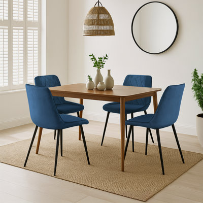 Solid Wood Walnut Effect Dining Table With 4 Simsbury Luxury Velvet Upholstered Dining Chairs