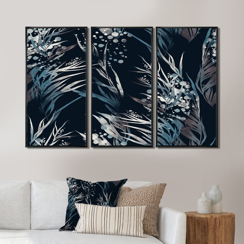 River Algae in Tones - bleu et gris - ensemble d'art mural sur toile traditionnel encadré de 3, H 20 po x l 36 po x P 1 po