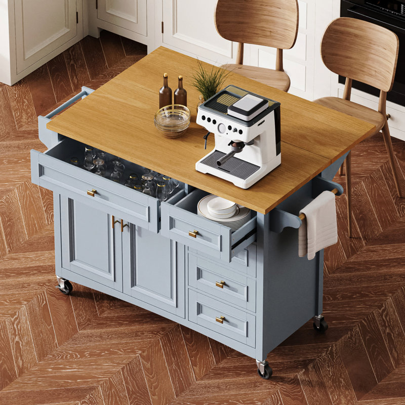 Îlot de cuisine 52 po avec abattant, îlot de cuisine à texture gaufrée sur roulettes avec porte-épices, porte-serviettes, 2 portes et 5 tiroirs, chariot de rangement avec tablette réglable pour la cuisine, bleu gris