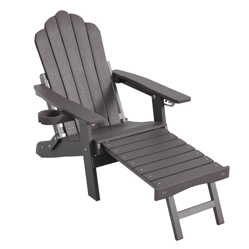 Folding Adirondack Chair with Cup Holders, Fire Pit Chair with Retractable Ottoman,  Multifunctional HIPS Chair for Porch, Patio, Balcony