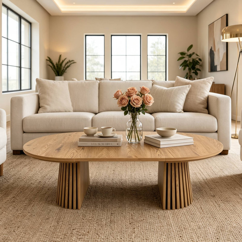 Table basse extensible en bois de 80 à 140 cm, table centrale ovale à lattes sur pied pour salon, Beige + naturel