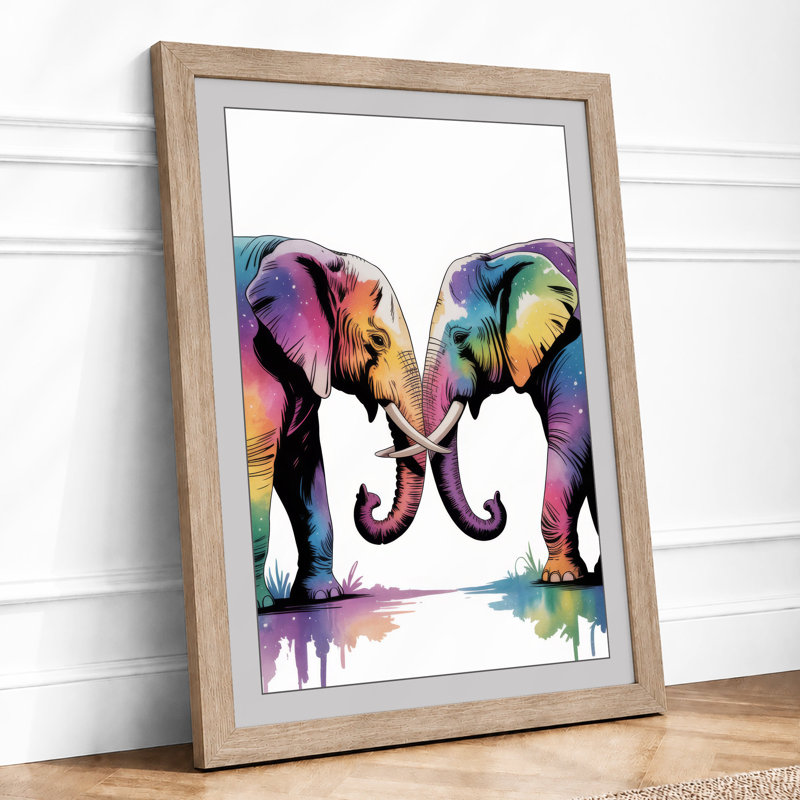 Elephants in Watercolour Modern - Framed Print, A1 - 84.1 x 59.4 cm, Oak