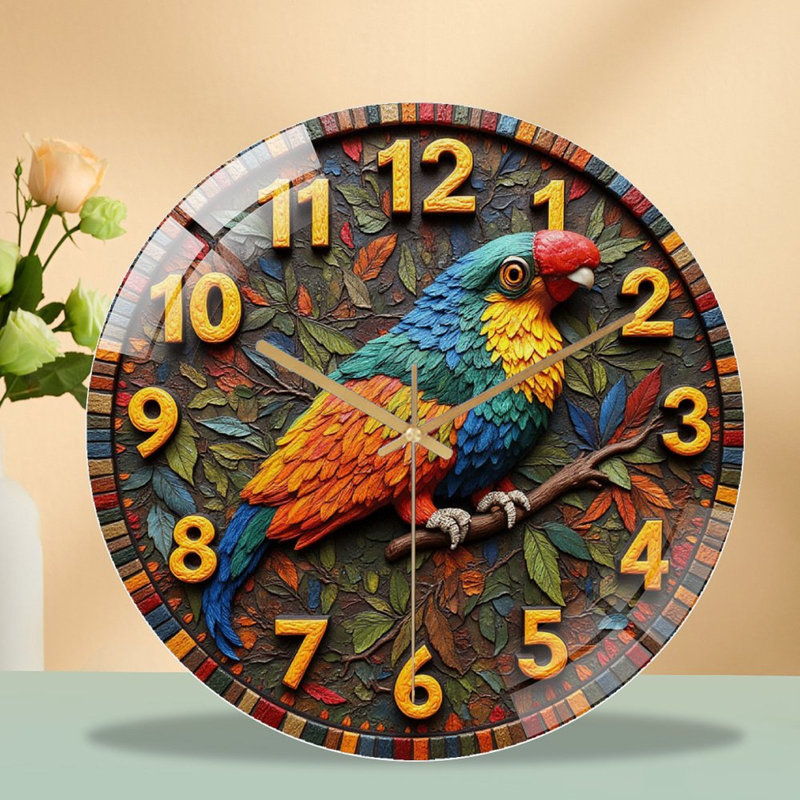 Colourful Vintage Parrot Wall Clock Home Decor Art - 12'' Modern Glass Wall Clock