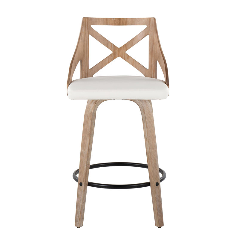 Tabouret de comptoir à hauteur fixe de 26 po avec pieds en bois courbé et repose-pieds rond Dannie, White Faux Leather