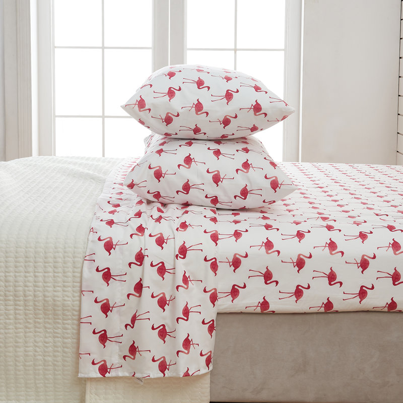 Ultra Soft Coastal Printed Microfiber Sheet Set, King Sheet Set with Fitted Sheet and 2 Pillowcases, Flamingo