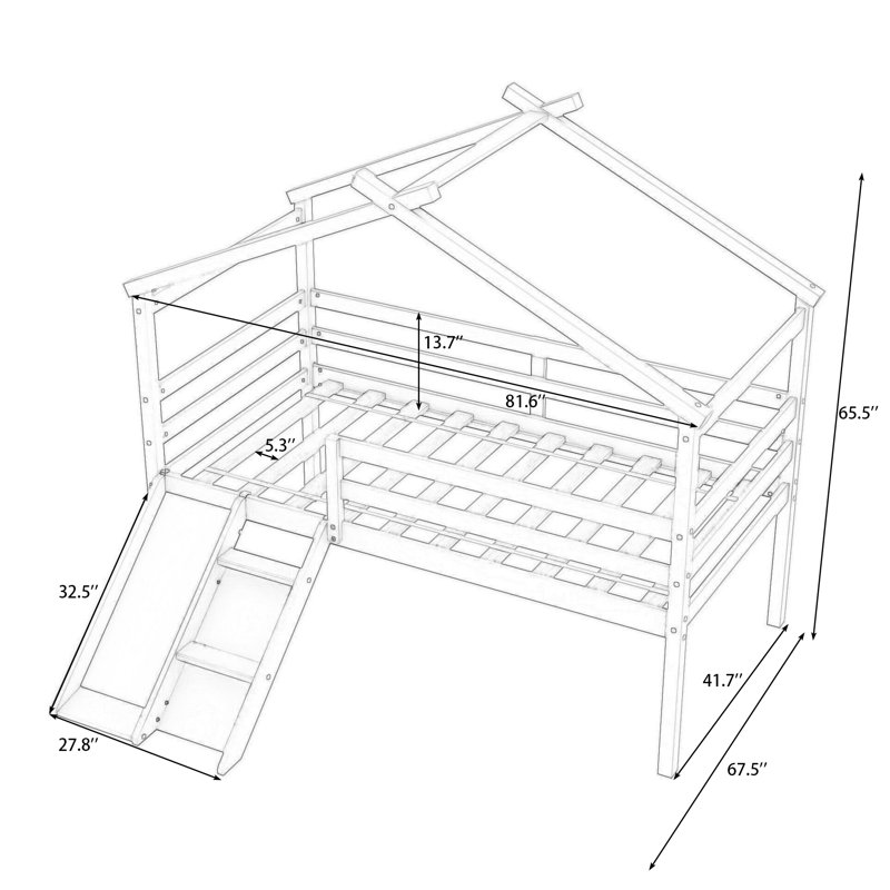 Aluino Twin Wooden Low Loft Bed With Slide And Safety Guardrails, White