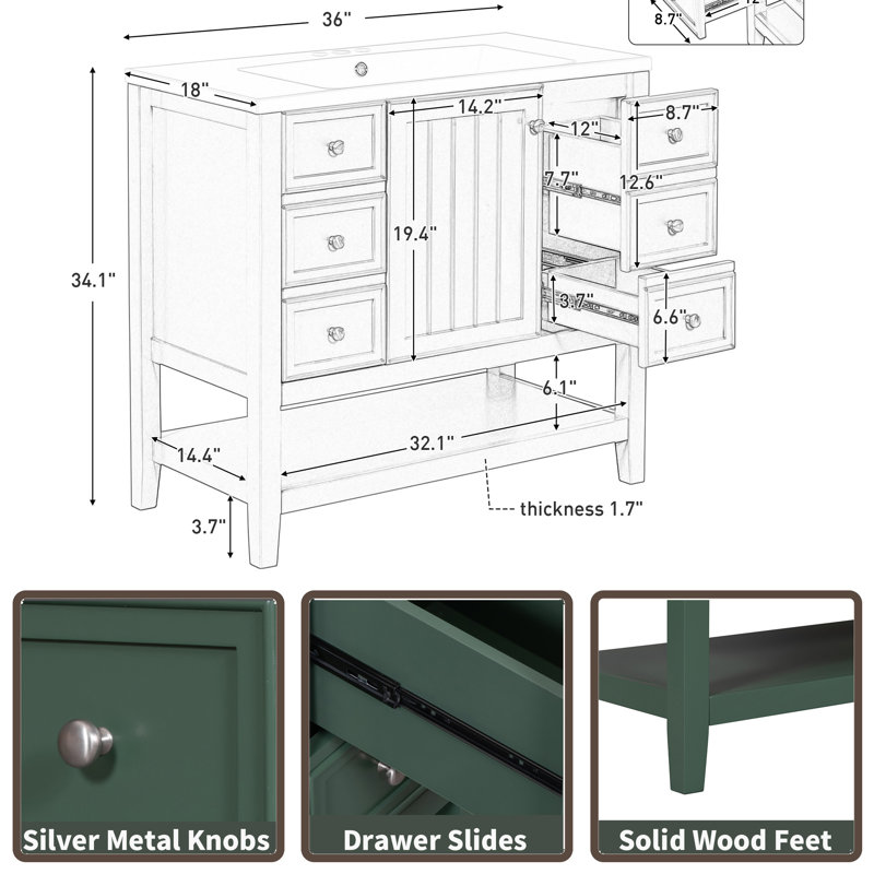 Meuble-lavabo simple 36 po avec comptoir en céramique Bexar, Vert