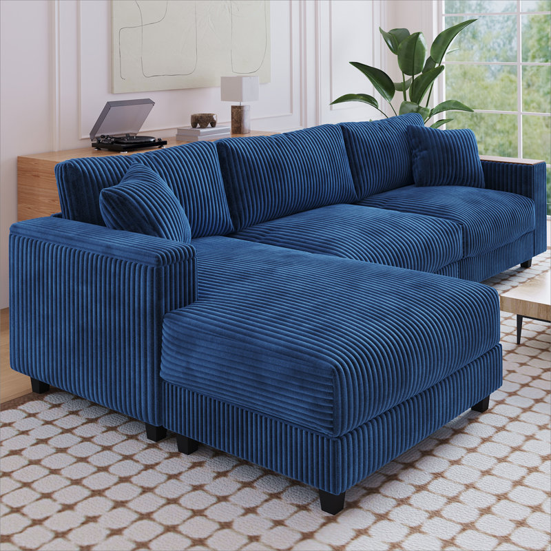 114.5'' Corduroy Couch With 2 Pillows Oversized Sofa L Shaped Sectional Couch With Reversible Chaise With Two Armrests Hidden Storage Space Sectional Couches For Living Room