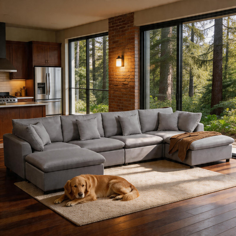 Burwell 6 - Piece 143" Oversized U-Shaped Modular Sectional Sofa with Removable Ottomans, Convertible L-Shaped Velvet Couch with 5 Throw Pillows for Living Room, Apartment, Home Office
