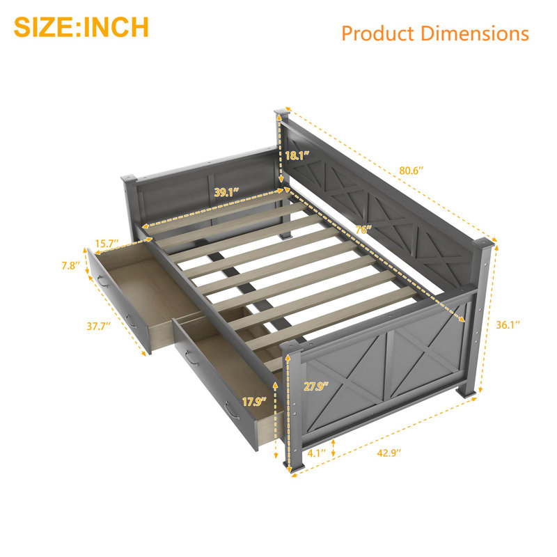 Storage Twin Size Daybed with 2 Large Drawers & X-Shaped Solid Wood Frame - Modern Rustic Style - Gray, Gray