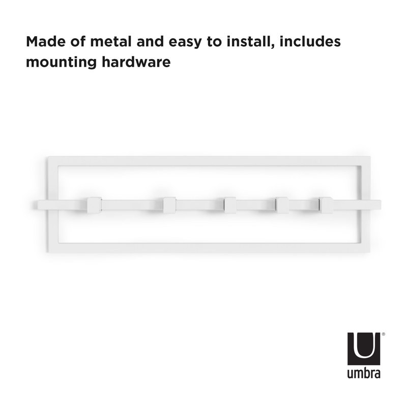 White Steel Wall-Mounted Hook Rail with 5 Adjustable Hooks