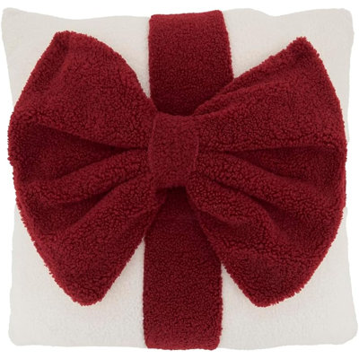Christmas Bow Throw Pillow Cover, White Plush Sherpa Gift Box Decorative Accent Pillow Case