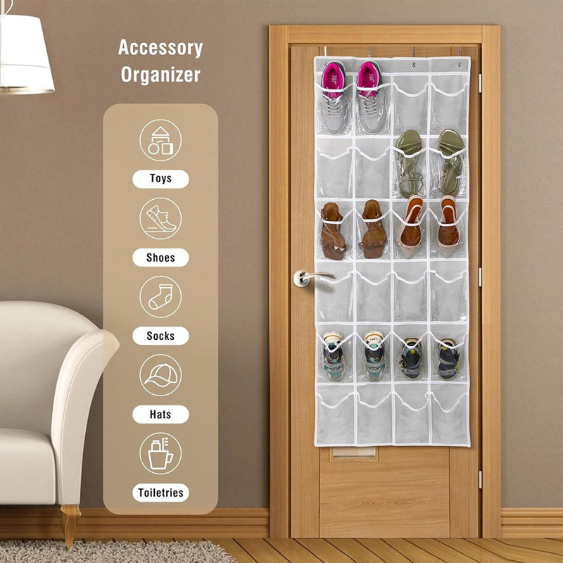 Over The Door 24 Pocket Hanging Shoe Organizer, Space Saving Hanging Storage Holder, Gray