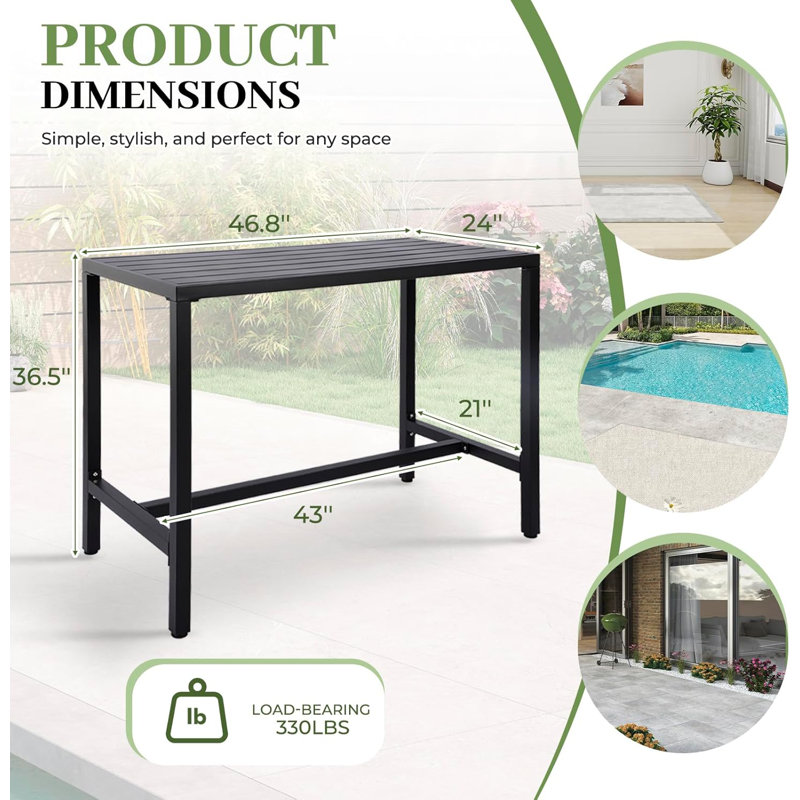 Outdoor Bar Table, Patio Counter Height Bar Table, 47" Rectangle Bar Table For Patio, Garden, Yard, Balcony, Poolside (black, 47'')