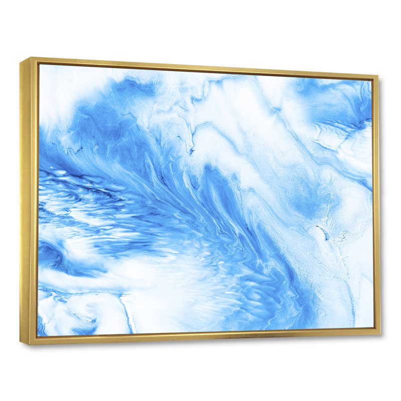 Vagues bleues et blanches V - peinture sur toile, H 34 po x l 44 po x P 1,5 po, Cadre flottant doré
