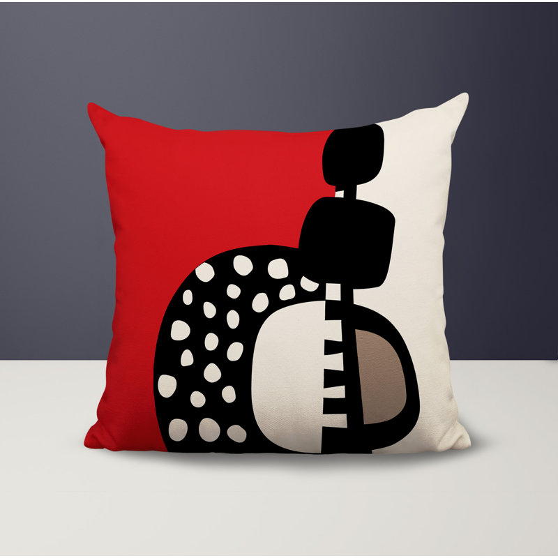 Oreiller carré réversible intérieur / extérieur Khari, Rouge / noir / blanc cassé abstrait, H 17 po x l 17 po