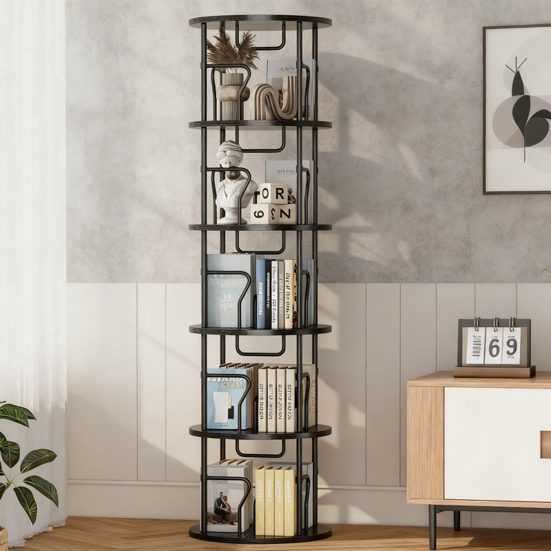 Étagère rotative à 5 niveaux avec bibliothèque pivotante à 360 ° avec structure en métal robuste, organisateur de rangement au sol pour le bureau à domicile et les petits espaces