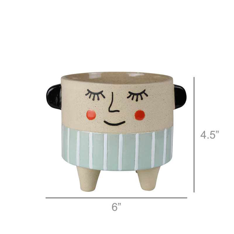 Carlyse Handmade Ceramic Face Cachepot, 4.5" H x 6" W x 5" D, Cream/Blue