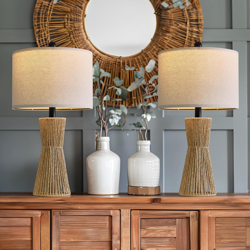 Ensemble de 2 lampes de table pour le salon et la chambre à coucher, table de chevet en rotin et lin, décor de maison de style rétro