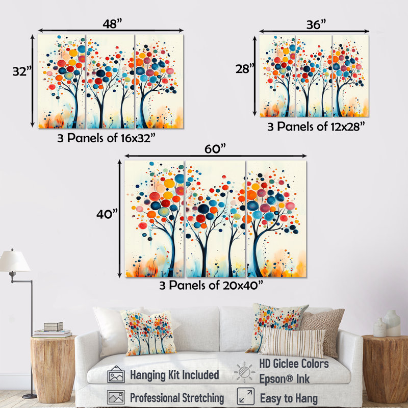 5 saisons orange et bleu arbre reflets II - ensemble abstrait d'art mural Mid-Century, Toile tendue