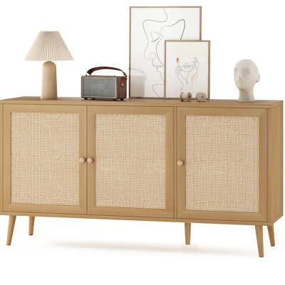 Meuble d'entrée multifonctionnel naturel, design à 3 portes, grand espace de rangement pour livres, fiable et sécuritaire, buffet spacieux de 147,5 cm de large pour salon, plateau épais, éléments basculants.