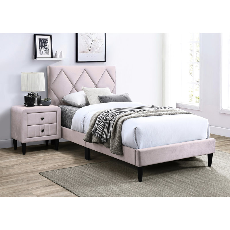 Mobilier de chambre double, lit en velours rose avec tête de lit réglable moderne et tête de lit, rembourrage en mousse pour une bonne nuit de sommeil