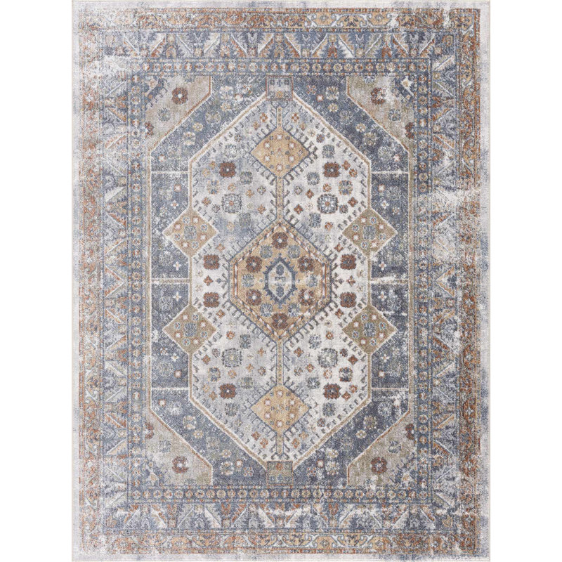 Afya Light Blue and Rust Polyester Rectangle Area Rug 2'3" x 3'9"