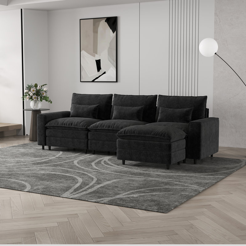 Chenille 3-seater Deep-seat Sofa With Ottoman And Lumbar Pillows – Soft-textured Comfort With Modern Versatility, Black