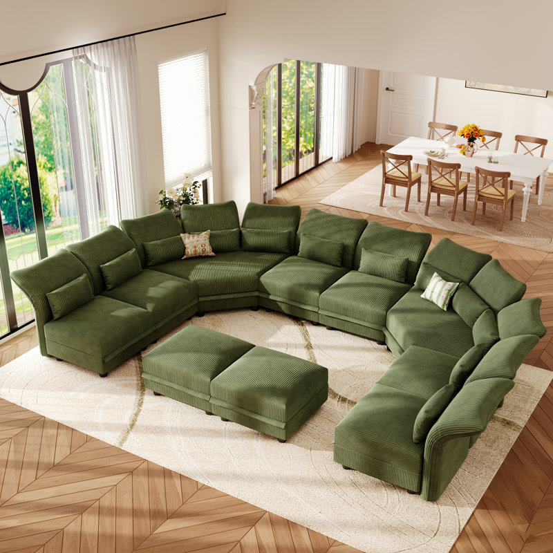 U-Shaped Corduroy Upholstered Modular Sectional Couches With Storage, 10 Seat Sofa With Adjustable Arms Backs For Living Room