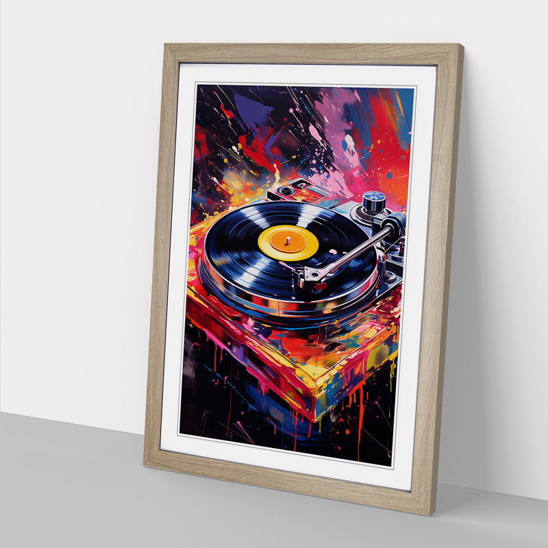 Record Player Action No.2 - Single Picture Frame Print on Wood, 64cm H x 46cm W x 2cm D, Oak