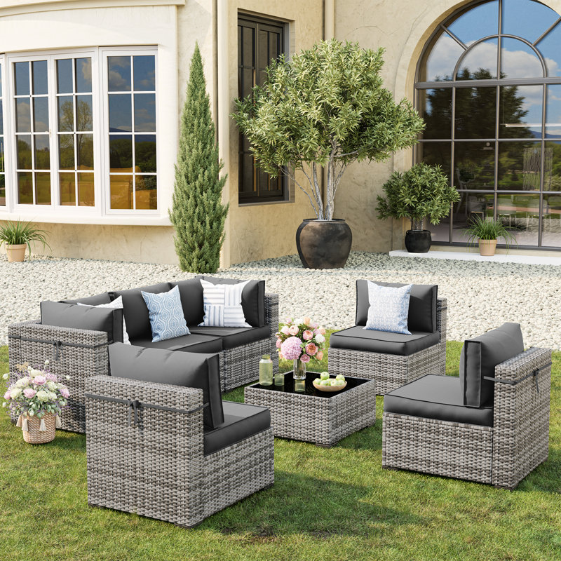 Cawanna 7-Piece Outdoor Rattan Seating Group with Cushions, Gray, No