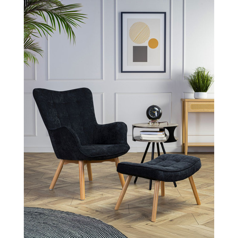 Nekoma Upholstered Accent Chair with Footstool, Black