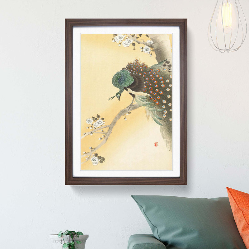 Peacock on a Cherry Blossom Tree by Ohara Koson - Picture Frame Painting Print, Walnut Framed, 36cm H x 27cm W x 2cm D