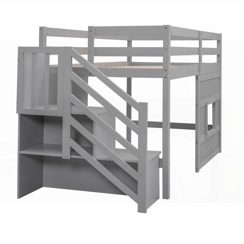 Lit mezzanine simple avec escalier de rangement et amp; Fenêtre - Aucun sommier requis, bois de pin robuste!