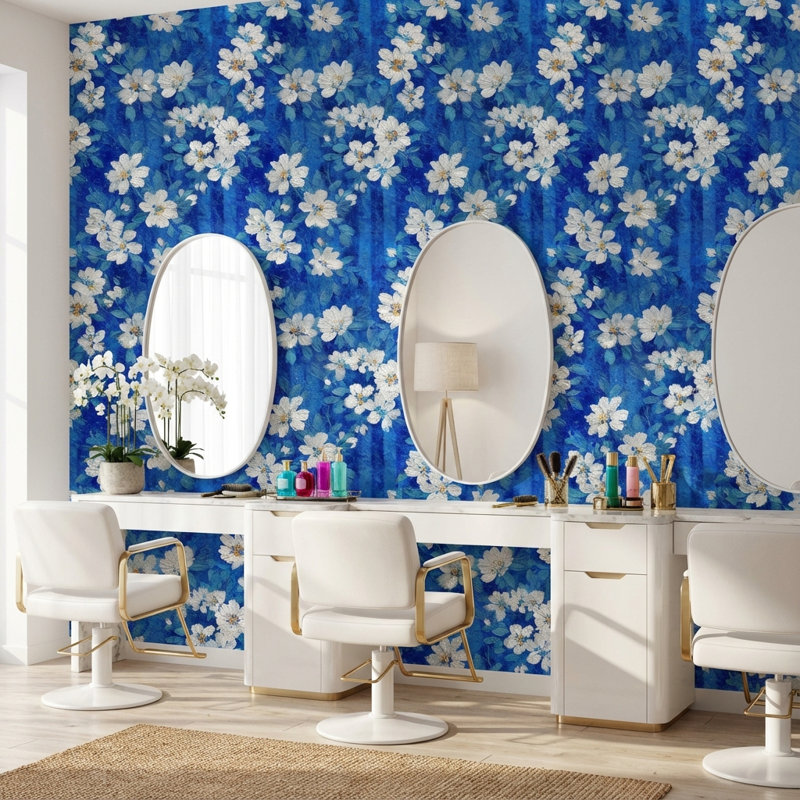 Papier peint floral mural moderne amovible bleu, Peler et coller