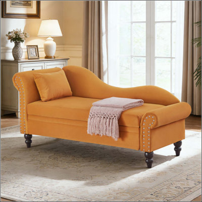 Modern Velvet Chaise Lounge,Lounge Sofa with Storage for Bedroom, Living Room and Office , Lounge Chair with Left Armrest  Lumbar Pillow,Round Armrest with Silver Nails Decoration