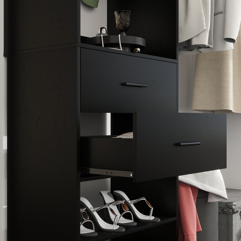 80"-120" Closet System With Door And Wooden Drawers(Adjustable Width), Black