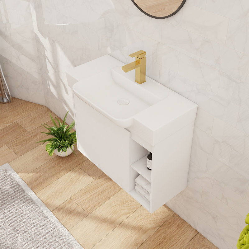 28" Bathroom Vanity Set, Single Wall Mounted Bathroom Vanity With Ceramic Basin Sink Top, Floating Vanity With 1 Door And Shelf