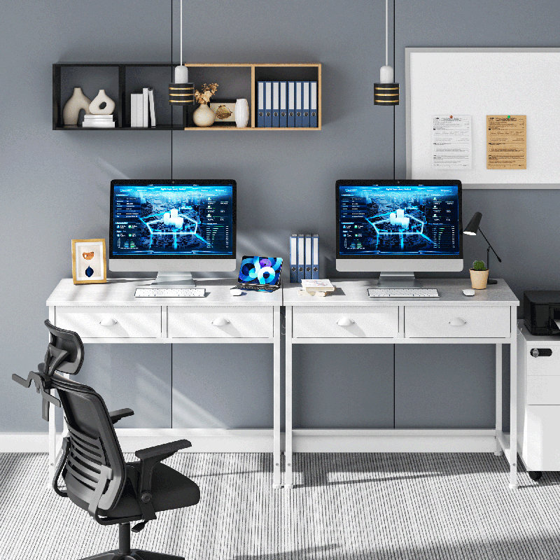 Rececca Writing Desk 35 in. Computer Desk with 2 Fabric Drawers Hooks Vanity Desk for Home Office, White