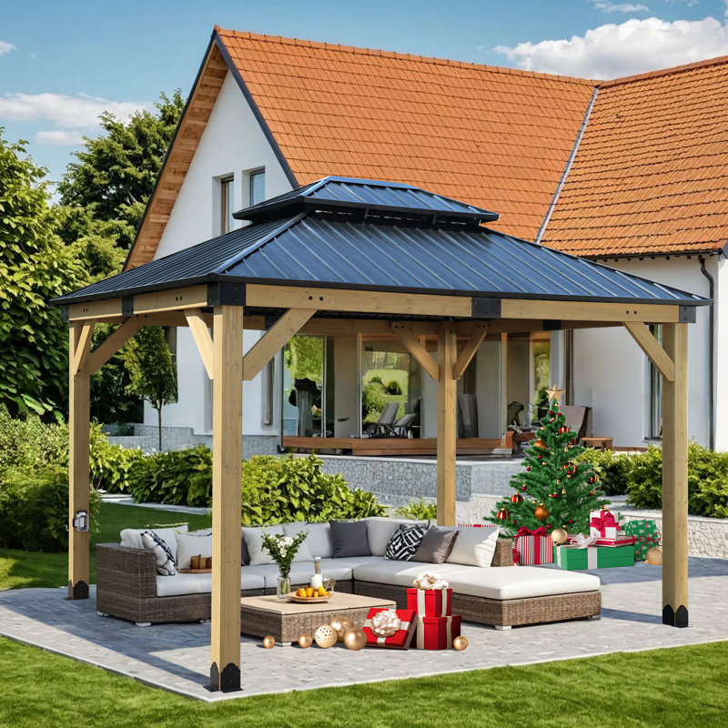 12 Ft. W X 10 Ft. D Solid Wood Patio Gazebo, Black