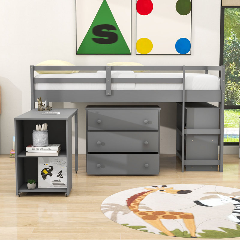 Wood Loft Bed With Desk And Storage Drawers,Ladder, Gray, Twin