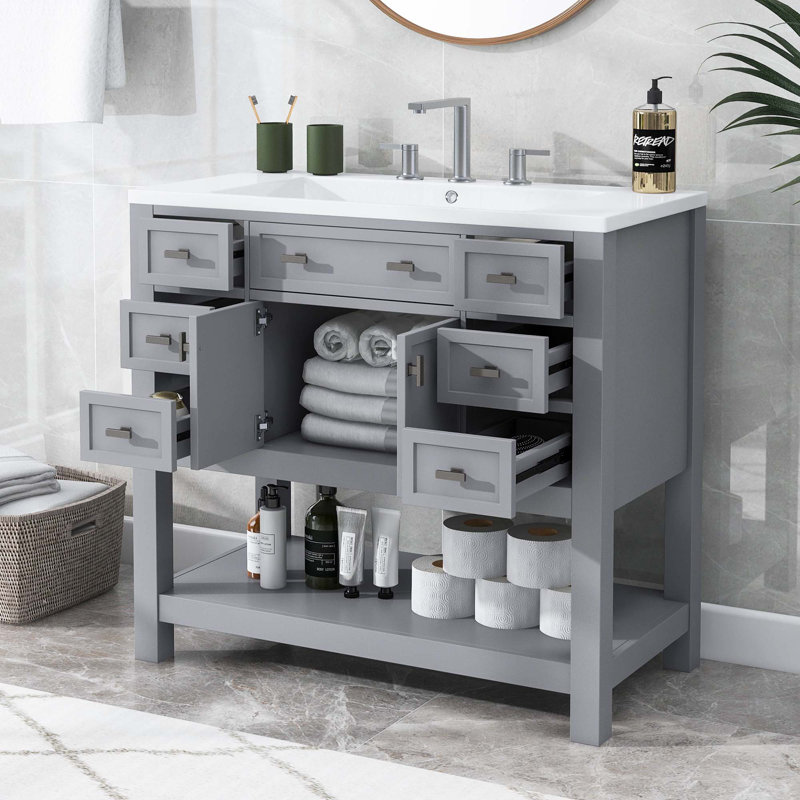 Meuble-lavabo moderne avec lavabo supérieur, 2 portes à fermeture douce et 6 tiroirs, Gris